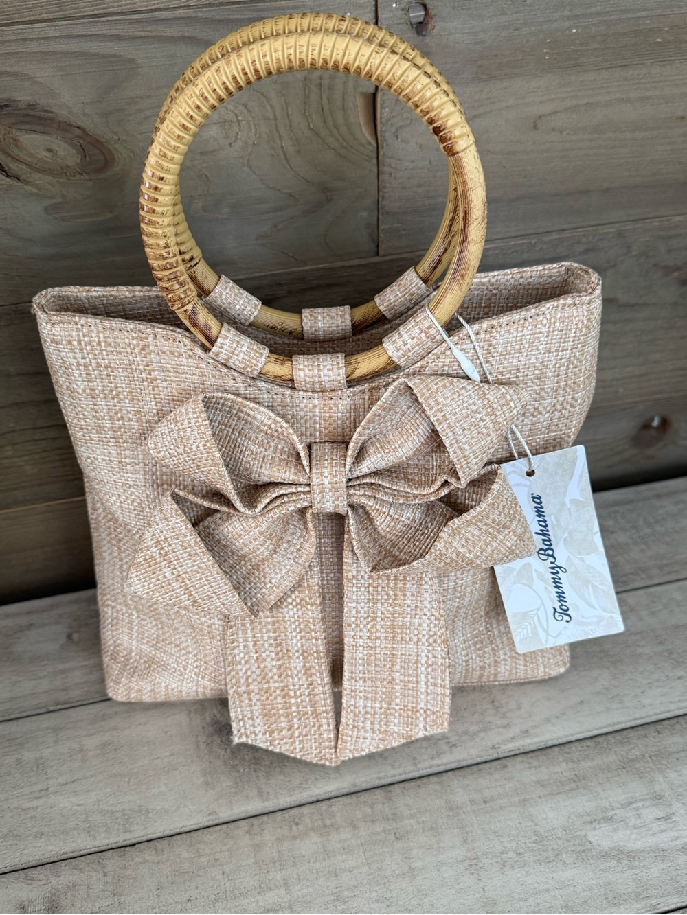 TOMMY BAHAMA Bow Accent Woven Tote Bag with Bamboo Handles - Beige - Picture 1 of 9